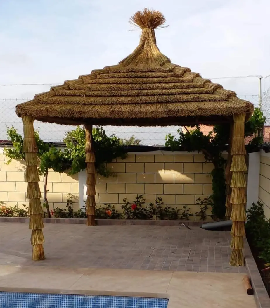 Kiosque en chaume au bord d'une piscine